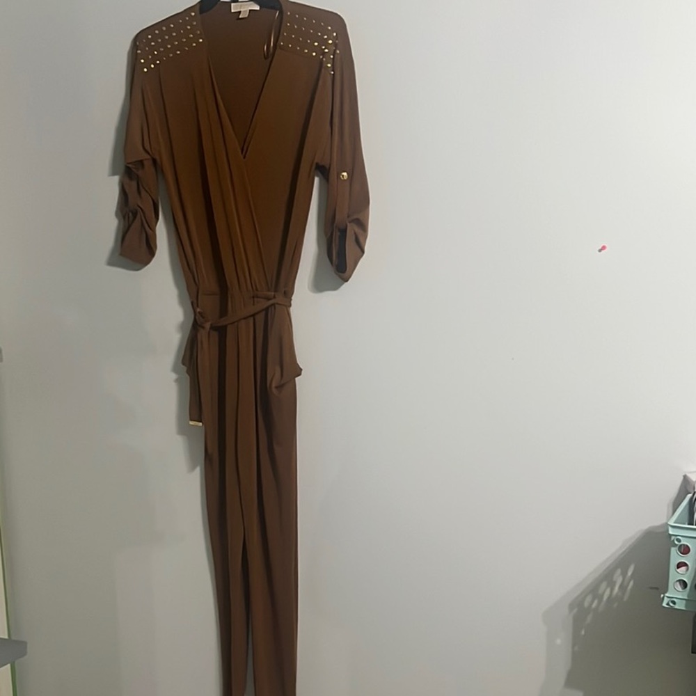 MICHAEL Michael Kors Brown Wrap-Style Jumpsuit with Tie Waist